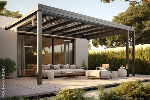 Aluminum pergola with retractable feature, designed for bioclimatic use. Rendered in 3D. Generative AI