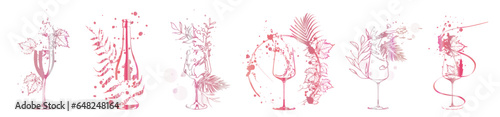 Collection of wine elements - Wine designs. Sketch vector illustration. Hand drawn elements for invitation cards, advertising banner and menu cards. Colorful wine glasses with splashing wine.