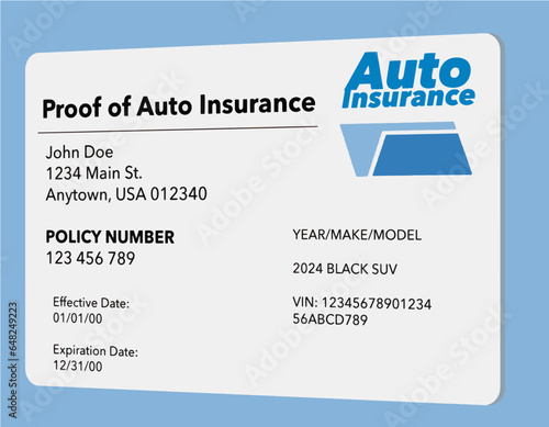 A proof of automobile insurance card that is a mock , generic card is seen in a 3-d illustration. Auto insurance proof.