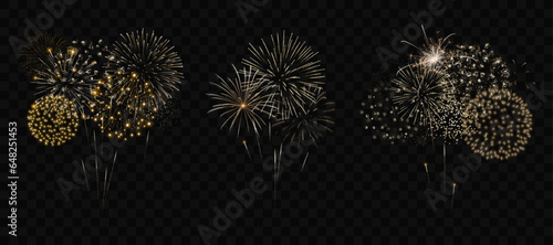 Gold fireworks set. Collection of realistic golden fireworks