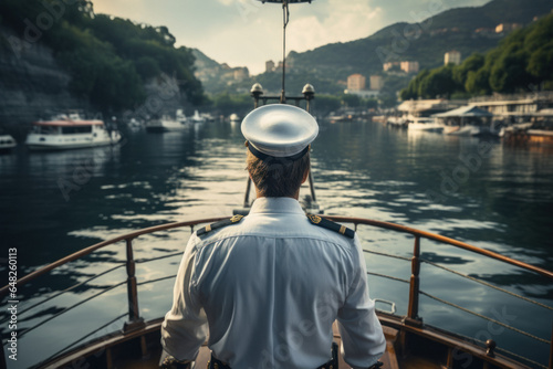 Back view of a captain in a naval uniform standing on the bridge