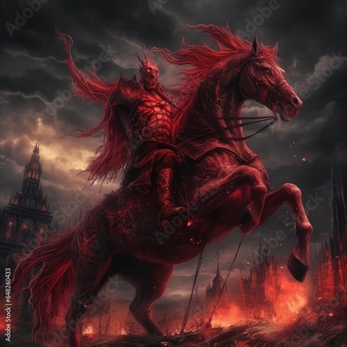 Beautiful fiery red horse rearing burning cloudy background AI Generated art