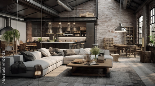 Industrial interior design, Monochromatic palettes of greys, iron black, and white, raw and rough materials with modern elements. This design blend of both old and new, recycled and repurposed materia