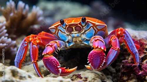 Crab Close-up portrait underwater. Colorful crabs face background. Sea life concept.