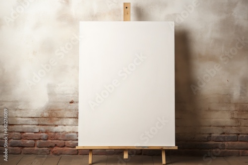 A blank canvas is displayed on a wooden easel against a brick wall. This versatile image can be used to represent creativity, art, painting, or the beginning of a new project.