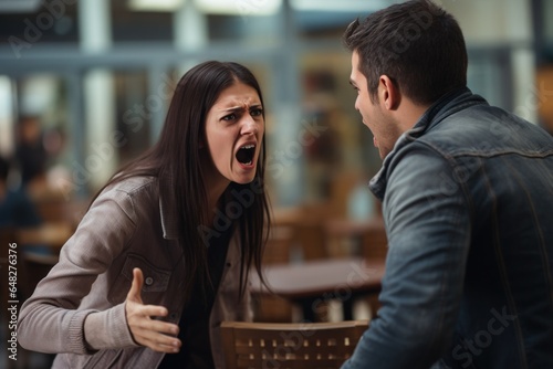 A woman expressing anger and frustration while yelling at a man in a restaurant. This image can be used to depict conflict, argument, or relationship issues in a restaurant setting.