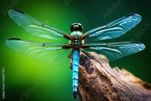 A dragonfly perched on a piece of wood. Perfect for nature enthusiasts and those seeking a touch of whimsy in their designs.