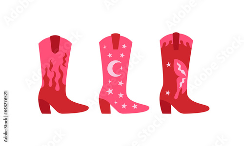 Set of funky cowgirl boots with flame, moon, stars and bytterfly. Vector flat illustration of cowboy boots on isolated background. Disco party concept