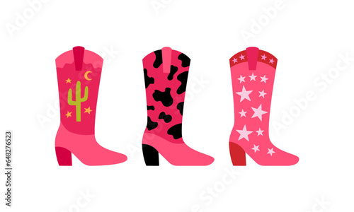 Set of funky cowgirl boots with cow print, stars and cactus. Vector flat illustration of cowboy boots on isolated background. Disco party concept