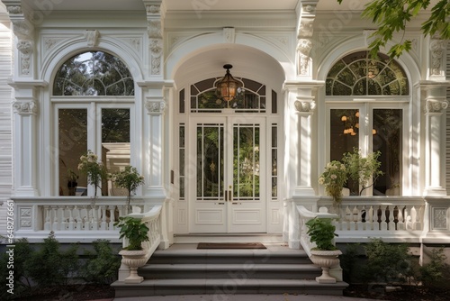 A picture of a white house with a white front door. This image can be used for various purposes, such as real estate listings, home decor websites, or architectural design blogs.