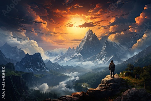 A picture of a traveler standing on a mountain peak, gazing at the beauty of nature