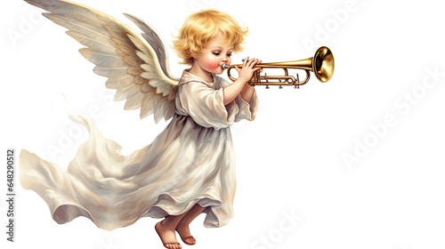 a christmas angel playing a trumpet isolated on a transparent background, generative ai