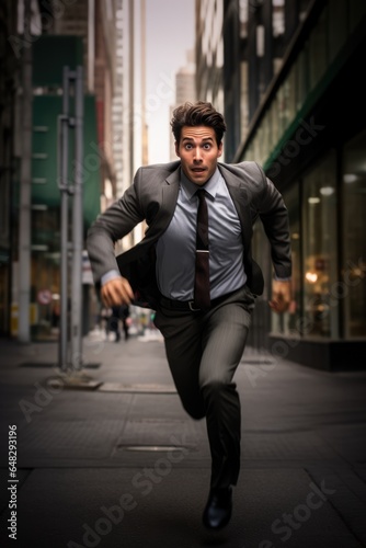 businessman running. business concept, motion, urgency, deadline. pursuit, ambition, success. city alley.