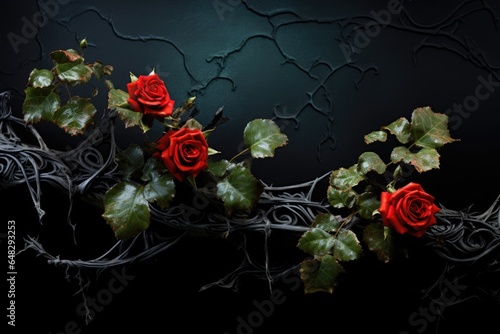 blood red roses on a curly vine, ivy. thorns and green leaves. dry curly branches. valentines concept. 