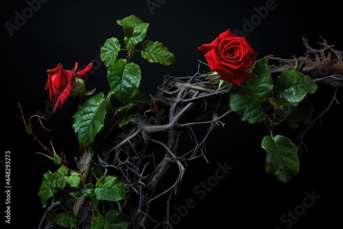 blood red roses on a curly vine, ivy. thorns and green leaves. dry curly branches. toxic relationship. 