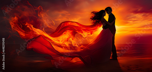 Passion, a couple in love in an embrace on the sea at sunset. Elements of fire.