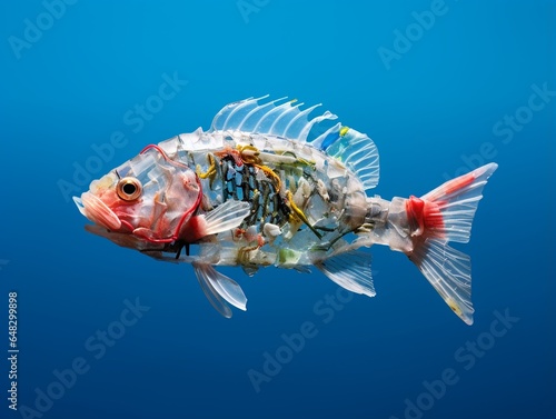 Fish made of waste plastic trash swimming in the sea, concept of water ocean pollution, environment protection, ALPS treated water discharge, marine plastic pollution.