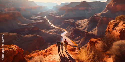 aerial view of a couple hiking on a winding trail through the Grand Canyon, dramatic shadows, deep orange and red hues of the rock formations