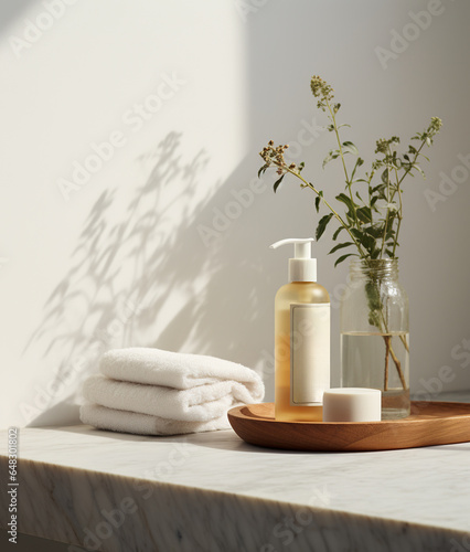 Cosmetic products, towels and vase with flowers on shelf in modern bathroom