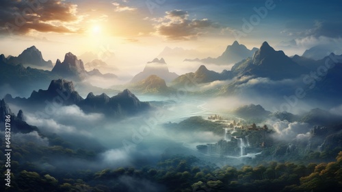 A mist-covered valley at the break of dawn, with towering mountains in the background, creating an ethereal atmosphere