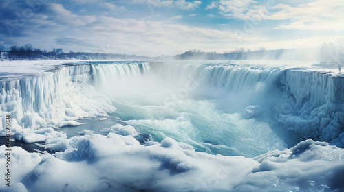Background with copy space of a dramatic scene with mist hanging majestically over Niagara Falls. Magical scene of waterfalls in impressive vision.