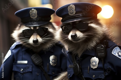Two raccoons dressed in police uniforms standing next to each other. Imaginary photorealistic image.