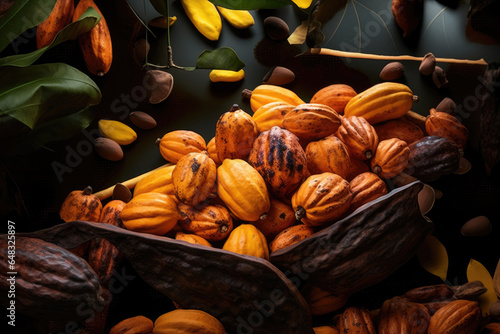 Yellow Cocoa pods harvesting. The cocoa tree ( Theobroma cacao ) fruits.