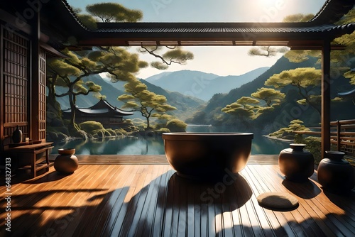 Create an AI-rendered spa interior with a traditional Japanese tub (ofuro) and a view of a serene Japanese landscape. 