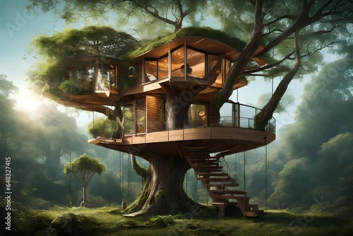 Create an eco-conscious treehouse that incorporates AI-driven energy-efficient features. 