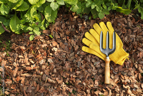 Soil mulched with bark chips, fork and gloves in garden, flat lay