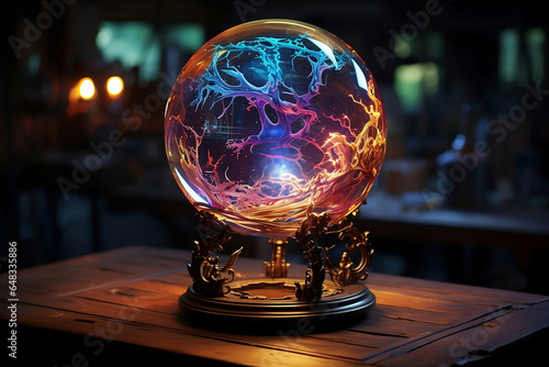 Bola de cristal brillante sobre una superficie de madera, al estilo de la fantasía eléctrica, criaturas sobrenaturales, colores carmesí y azul, escultura brillantes, futurista, irreal