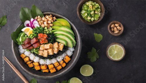 Poke Bowl Vegano: Um prato havaiano que consiste em uma tigela de arroz de sushi coberto com cubos de tofu marinado, abacate, pepino, cenoura, alga nori e molho de soja