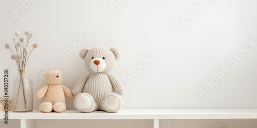 Modern minimalistic baby room, neutral colors, toy bear