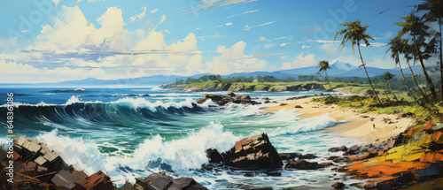 Digital oil color painting of a tropical beach with rocks and palm trees on the foreground. 