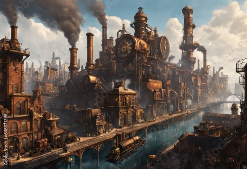 cityscape with towering factories and steam-powered vehicles