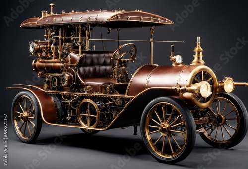 steam-powered car with complex mechanical components.