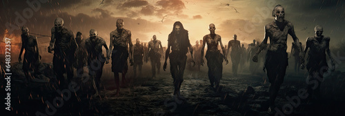Apocalypse fantasy scene group of zombie walking. Halloween concept