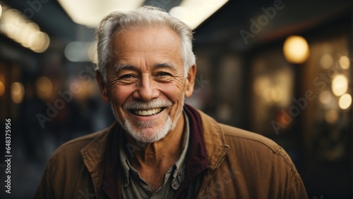 An old man with white hair and beard and smiling face
