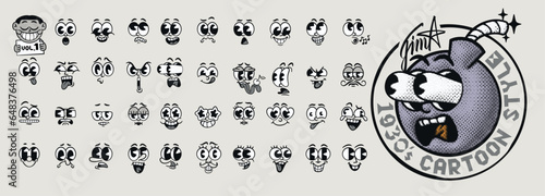 Retro cartoon faces. 1930s Rubber Hose style facial expressions, doodle emoticon vector set