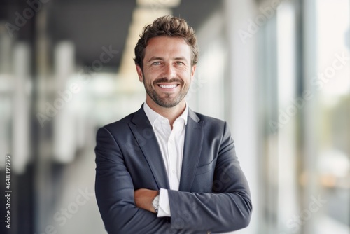 portrait of successful senior businessman consultant looking at camera and smiling inside modern office building