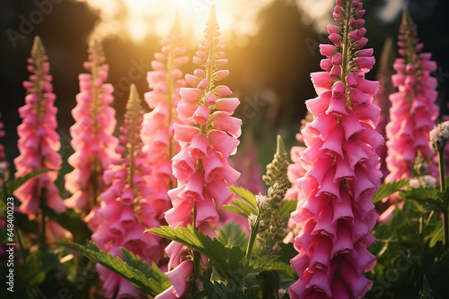 Close up of bright pink foxglove flowers blooming in summer garden at sunset, Digitalis in blossom, Floral background, aesthetic look