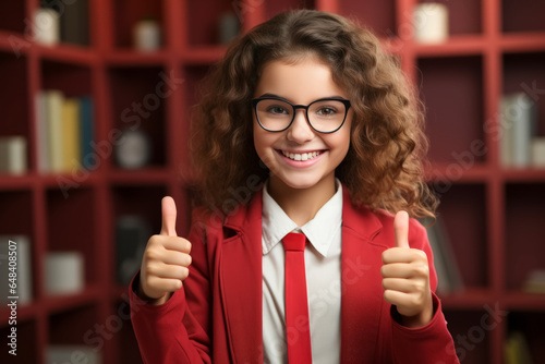 smiling schoolgirl show thumb up finger in school. Back to school