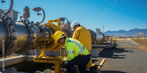 Two workers check connections and shut-off valves of a real gas pipeline near a gas distribution station.