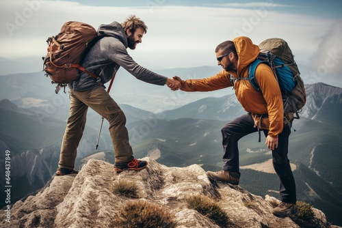 A hiker extends a helping hand to assist a friend in reaching the mountaintop. 