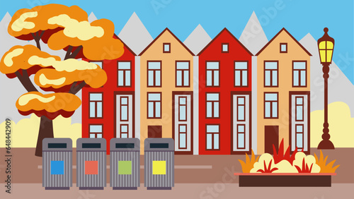 Urban landscape of a cozy autumn city, with low-rise buildings and townhouses and garbage cans for separate garbage collection, concern for the environment, illustration in a flat cartoon style
