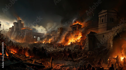 Ruins of the old city at night. Fight of Second Punic War.