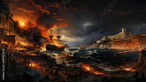 Fantasy Landscape with fight of pirate ship in ancient time.