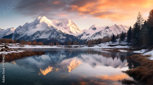 A serene alpine lake at dawn, with snow-capped mountains in the background and a golden hue in the sky