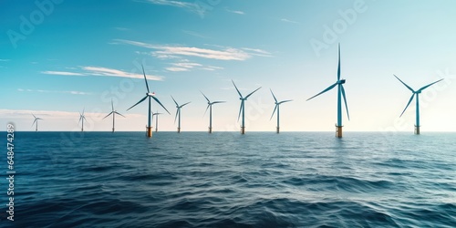 Wind turbines offshore, converting sea breeze into sustainable energy.