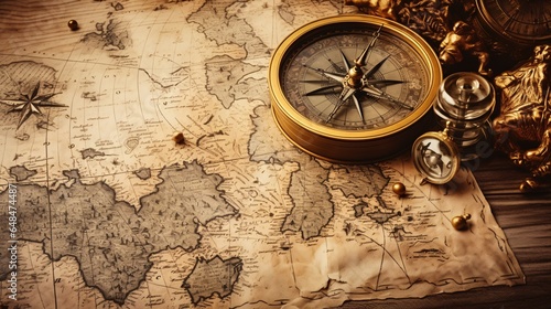 Aged Sailboat, Compass, and Antique Map: Exploring Maritime History. This concept explores the world of sea voyages, discoveries, pirates, sailors, geography, and history